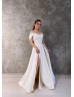 Off Shoulder Ivory Satin High Slit Simple Wedding Dress